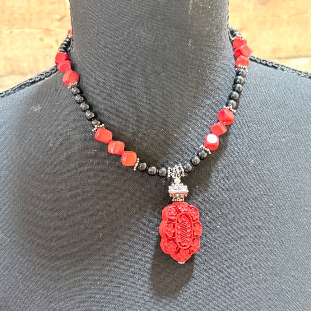 Cinnabar Pendant Necklace Carved Red Coral Black Onyx Beads 925 Sterling Silver